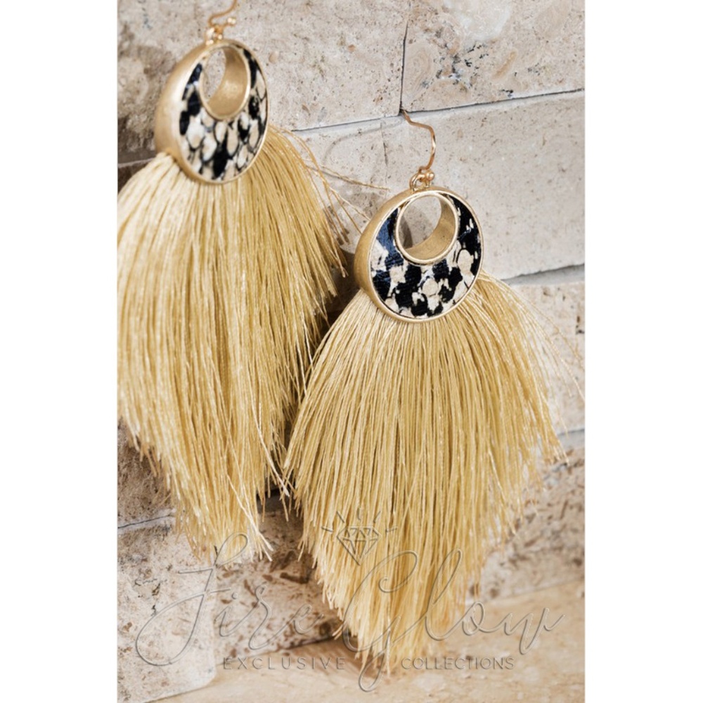 Tan Tassels With Gold Tone Framed Snake Print